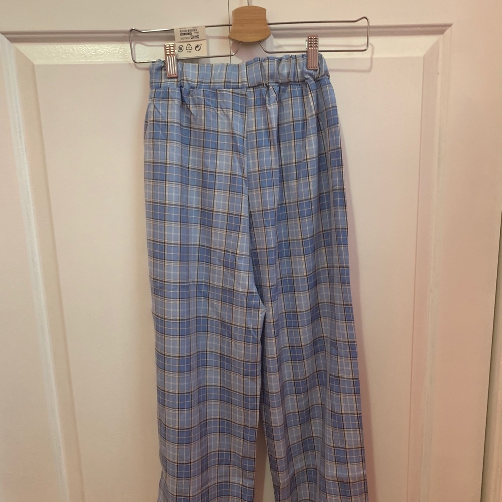 Sky/light blue plaid print high-waisted pants